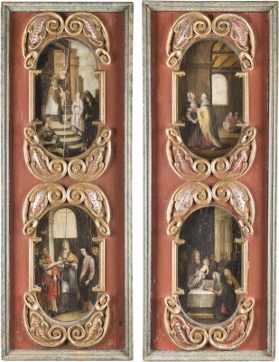 Auktion 160<br>TAFELPAAR: HEIMSUCHUNG MARIENS UND GEBURT MARIENS / TEMPELGANG MARIENS UND VERMÄHLUNG MARIENS