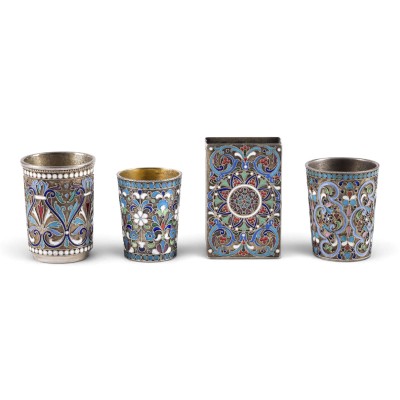 Picture DREI CLOISONNÉ-EMAIL-BECHER UND STREICHHOLZETUI