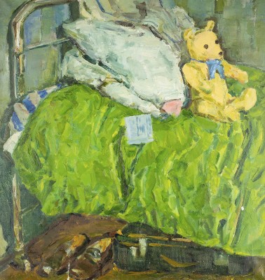 Bild 'TEDDYBÄR AUF EINEM GRÜNEN BETT'