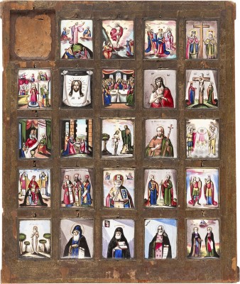 Picture SEHR SELTENE IKONE MIT 24 FINIFTI MIT HOCHFESTEN, DER GOTTESMUTTER UND HEILIGEN
