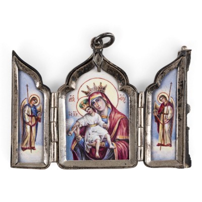 Bild SEHR FEINES MINIATUR-TRIPTYCHON MIT DER GOTTESMUTTER 'WÜRDIG IST ES' (AXION ESTIN) MIT SILBER-MONTIERUNG