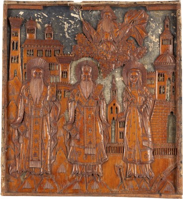Auction 161<br>DATIERTE IKONE MIT DEN HEILIGEN ZWEI BISCHÖFLICHEN HEILIGEN UND DER HEILIGEN PHILOTHEIA