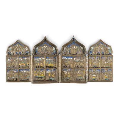 Auktion 161<br>SIGNIERTES BRONZE-TETRAPTYCHON MIT HOCHFESTEN DES ORTHODOXEN KIRCHENJAHRES