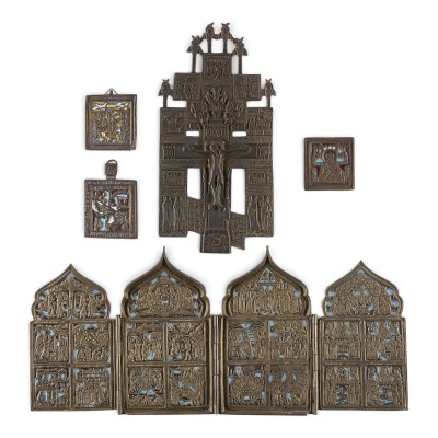 Picture SAMMLUNG VON FÜNF BRONZE-IKONEN: KRUZIFIX, FESTTAGE SOWIE HEILIGER NIKOLAUS VON MYRA