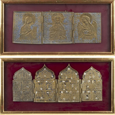 Auktion 161<br>ZWEI BRONZE-IKONEN: TRIPTYCHON MIT DEESIS SOWIE TETRAPTYCHON MIT FESTTAGEN