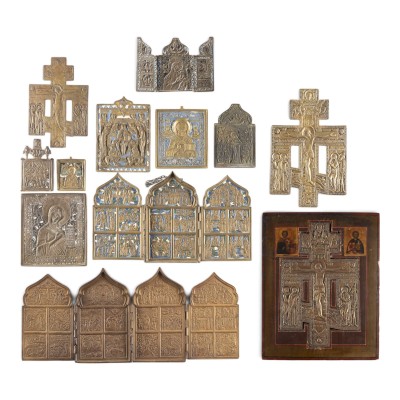 Auktion 161<br>SAMMLUNG VON ELF BRONZE-IKONEN SOWIE EINER STAUROTHEK MIT DER KREUZIGUNG CHRISTI