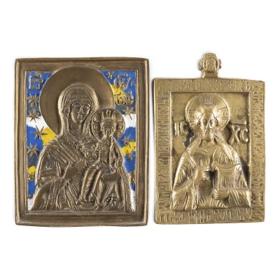 Bild ZWEI BRONZE-IKONEN: CHRISTUS PANTOKRATOR SOWIE GOTTESMUTTER VON SMOLENSK