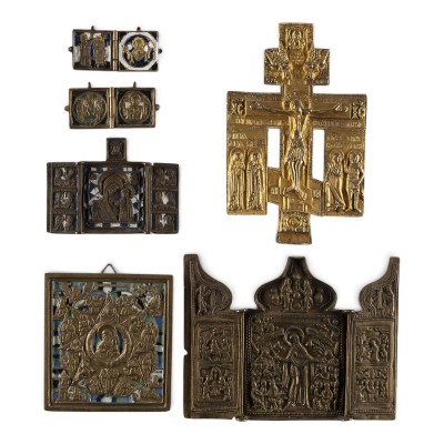 Bild SAMMLUNG VON SECHS BRONZE-IKONEN: DARSTELLUNGEN DER GOTTESMUTTER SOWIE KRUZIFIX