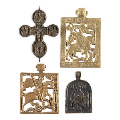 Bild SAMMLUNG VON VIER BRONZE-IKONEN: KRUZIFIX, CHRISTUS PANTOKRATOR SOWIE HEILIGER GEORG DER DRACHENTÖTER