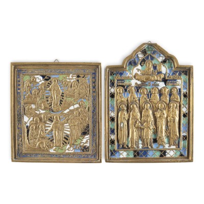 Auktion 161<br>ZWEI BRONZE-IKONEN: SIGNIERTE IKONE MIT JULITTA UND KIRIK SOWIE IKONE MIT AUFERSTEHUNG UND HÖLLENFAHRT CHRISTI