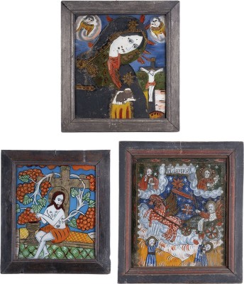 Auction 161<br>DREI HINTERGLAS-IKONEN: CHRISTUS DER WEINSTOCK, TRAUERNDE GOTTESMUTTER SOWIE PROPHET ELIAS