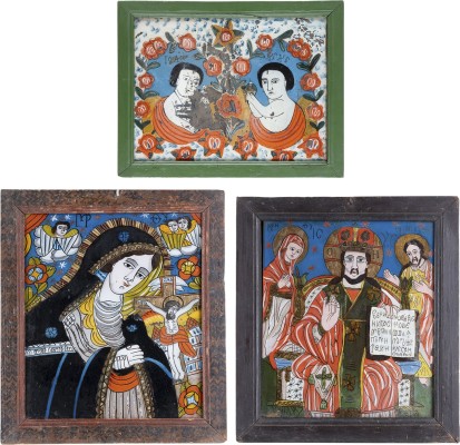 Auction 161<br>DREI HINTERGLAS-IKONEN: DEESIS, TRAUERNDE GOTTESMUTTER SOWIE DIE CHRISTUS- UND JOHANNES-KNABEN