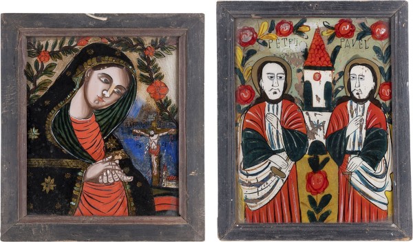 Auction 161<br>ZWEI HINTERGLAS-IKONEN: TRAUERNDE GOTTESMUTTER SOWIE HEILIGE PETRUS UND PAULUS