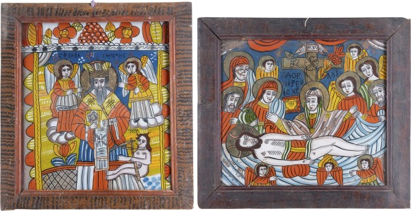 Auction 161<br>ZWEI HINTERGLAS-IKONEN: BEWEINUNG CHRISTI UND HEILIGER CHARALAMPOS