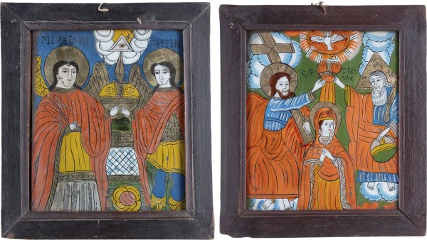 Auction 161<br>ZWEI HINTERGLAS-IKONEN: KRÖNUNG DER GOTTESMUTTER SOWIE ERZENGEL MICHAEL UND GABRIEL