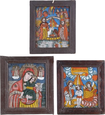 Auction 161<br>DREI HINTERGLAS-IKONEN: GEBURT CHRISTI, TAUFE CHRISTI SOWIE GOTTESMUTTER MIT DEM KIND