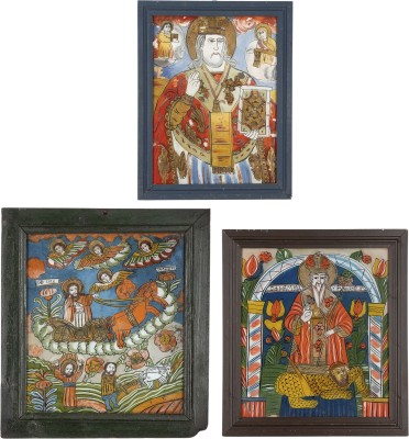 Auction 161<br>DREI HINTERGLAS-IKONEN MIT AUSGEWÄHLTEN HEILIGEN