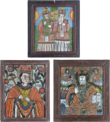 Auction 161<br>DREI HINTERGLAS-IKONEN: DATIERTE IKONE MIT DER HEILIGEN PARASKEWA SOWIE IKONEN MIT DEN HEILIGEN NIKOLAUS UND WASILIJ