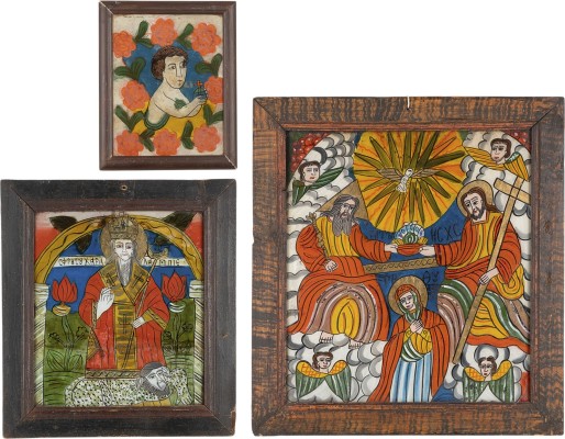 Auktion 161<br>DREI HINTERGLAS-IKONEN: KRÖNUNG DER GOTTESMUTTER, HEILIGER CHARALAMPOS SOWIE DER CHRISTUS-KNABE