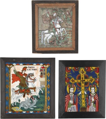 Auction 161<br>DREI HINTERGLAS-IKONEN: HEILIGER GEORG, DER DRACHENTÖTER, HEILIGER DEMETRIUS SOWIE HEILIGE KONSTANTIN UND HELENA