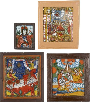 Auction 161<br>VIER HINTERGLAS-IKONEN: TAUFE CHRISTI, ENTSCHLAFEN DER GOTTESMUTTER SOWIE AUSGEWÄHLTE HEILIGE
