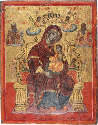 Picture FEINE IKONE MIT DER THRONENDEN GOTTESMUTTER FLANKIERT VON DEN HEILIGEN ATHANASIOS UND CHARALAMPOS