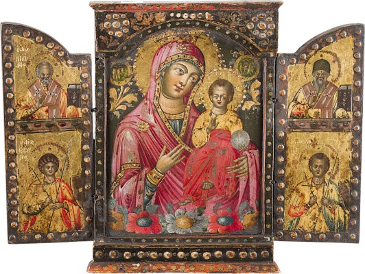 Picture FEINES TRIPTYCHON MIT DER GOTTESMUTTER HODEGETRIA FLANKIERT VON DEN HEILIGEN NIKOLAUS VON MYRA, SPYRIDON, GEORG UND DEMETRIOS