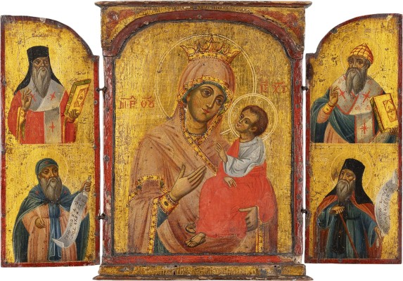 Picture TRIPTYCHON MIT DER GOTTESMUTTER PANHAGIA FLANKIERT VON VIER HEILIGEN, DARUNTER DIE HEILIGEN SPIRIDON VON KORFU UND GERASIMOS