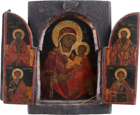 Bild GROSSES UND FEINES TRIPTYCHON MIT DER GOTTESMUTTER HODEGETRIA FLANKIERT VON DEN HEILIGEN CHARALAMPOS, ATHANASIOS, DEMETRIOS UND GEORG