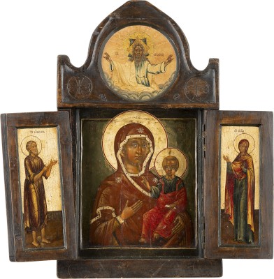 Bild GROSSES TRIPTYCHON MIT DER GOTTESMUTTER VON SMOLENSK (SMOLENSKAJA) FLANKIERT VON DEN HEILIGEN JOHANNES UND ANNA