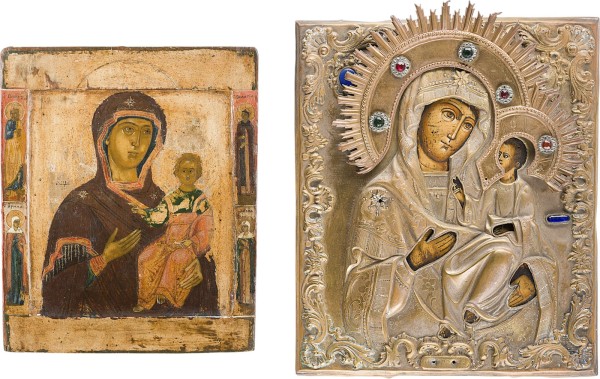 Auktion 161<br>ZWEI IKONEN: GOTTESMUTTER VON SMOLENSK (SMOLENSKAJA) UND GOTTESMUTTER 'IWERSKAJA' MIT OKLAD