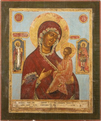 Bild GROSSFORMATIGE IKONE MIT DER GOTTESMUTTER VON TICHWIN (TICHWINSKAJA) MIT DEN HEILIGEN NIKOLAUS VON MYRA UND GEORG