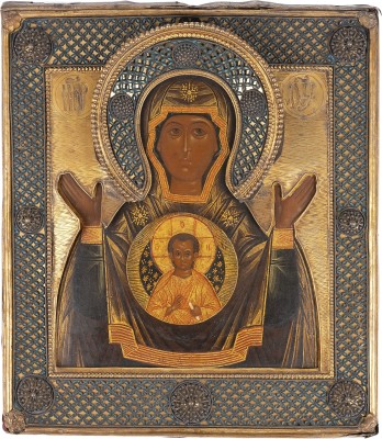 Auction 161<br>SEHR FEINE IIKONE MIT DER GOTTESMUTTER DES ZEICHENS (ZNAMENIE) MIT CLOISONNÉ-EMAIL-RIZA