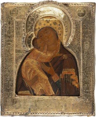 Auction 161<br>FEINE IKONE MIT DER GOTTESMUTTER VON WLADIMIR (WLADIMIRSKAJA) MIT VERMEIL-RIZA