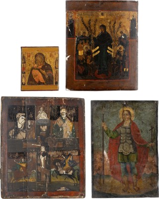 Auction 161<br>VIER IKONEN: MINIATUR-IKONE MIT DER GOTTESMUTTER VON WLADIMIR, GOTTESMUTTER' FREUDE ALLER LEIDENDEN', VIERFELDER-IKONE UND HEILIGER DEMETRIUS