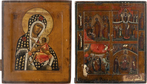 Auction 161<br>ZWEI IKONEN: GOTTESMUTTER 'O VSEPETAJA MATI' (OH DU VON ALLEN GEPRIESENE MUTTER) UND VIERFELDER-IKONE MIT DER HÖLLENFAHRT, DER POKROW, ELIAS UND SOPHIA
