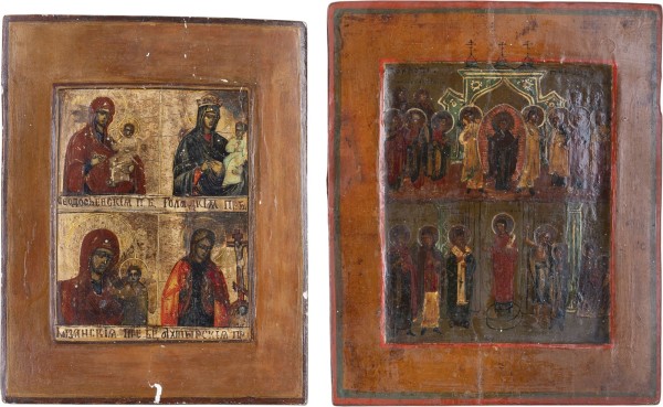 Auction 161<br>ZWEI KLEINE IKONEN: GOTTESMUTTER POKROW UND VIERFELDER-IKONE MIT GNADENBILDERN DER GOTTESMUTTER