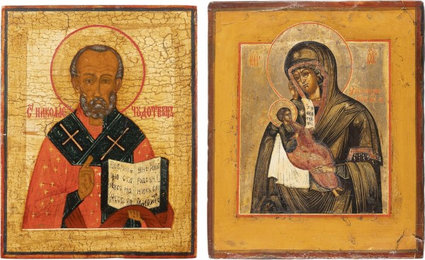 Auktion 161<br>ZWEI KLEINE IKONEN: HEILIGER NIKOLAUS VON MYRA UND GOTTESMUTTER 'LINDERE MEINEN KUMMER'