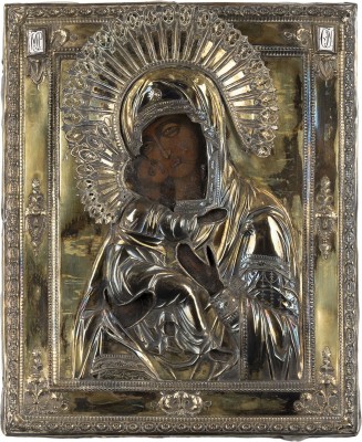 Auktion 161<br>FEINE IKONE MIT DER GOTTESMUTTER VON WLADIMIR (WLADIMIRSKAJA) MIT VERMEIL-OKLAD