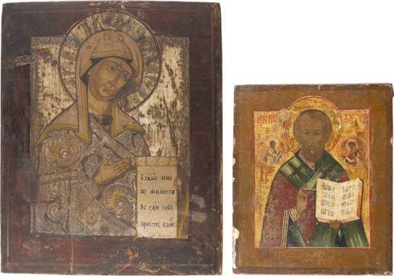 Auction 161<br>ZWEI IKONEN: HEILIGER NIKOLAUS VON MYRA UND GOTTESMUTTER AUS EINER DEESIS