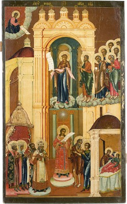 Picture MONUMENTALE IKONE MIT DEM SCHLEIERWUNDER DER GOTTESMUTTER (POKROW) AUS EINER KIRCHEN-IKONOSTASE
