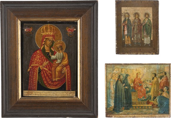 Auction 161<br>DREI IKONEN: IKONE MIT DER GOTTESMUTTER VON TSCHERNIGOW (TSCHERNIGOWSKAJA), DIE HEILIGEN SAMON, GURIJ UND AVIV UND DIE ÜBERREICHUNG DER ENTSCHLAFEN-IKONE