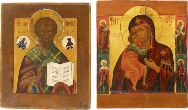 Auction 161<br>ZWEI IKONEN: HEILIGER NIKOLAUS VON MYRA UND GOTTESMUTTER FEODOROWSKAJA