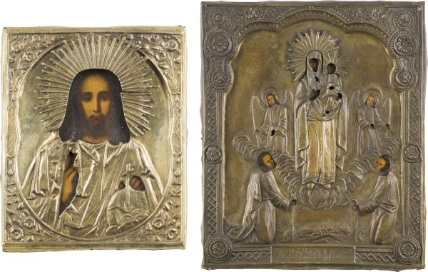 Auktion 161<br>ZWEI IKONEN MIT OKLAD: CHRISTUS PANTOKRATOR UND GOTTESMUTTER 'FREUDE ALLER LEIDENDEN'