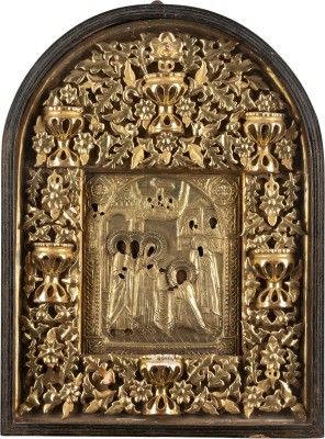Auktion 161<br>IKONE MIT DEM ERSCHEINEN DER GOTTESMUTTER VOR DEM HEILIGEN SERGEJ VON RADONESCH MIT OKLAD IM KIOT
