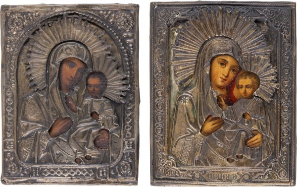 Auction 161<br>ZWEI IKONEN MIT OKLAD: GOTTESMUTTER IWERSKAJA