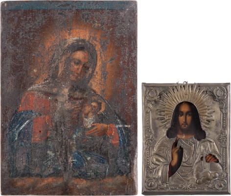 Auktion 161<br>ZWEI IKONEN: CHRISTUS DER WELTENHERRSCHER MIT OKLAD UND DIE STILLENDE GOTTESMUTTER