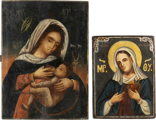 Auktion 161<br>ZWEI IKONEN: SELTENE IKONE MIT DER GOTTESMUTTER 'ERWEICHEN DER BÖSEN HERZEN' UND STILLENDE GOTTESMUTTER