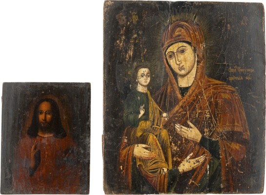 Auktion 161<br>ZWEI IKONEN: CHRISTUS PANTOKRATOR UND DIE DREIHÄNDIGE GOTTESMUTTER (TRICHEIROUSA)
