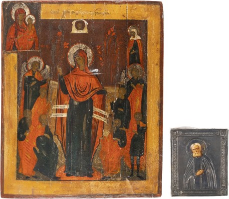Auktion 161<br>ZWEI IKONEN: KLEINE IKONE MIT DEM HEILIGEN SERAFIM VON SAROW MIT SILBER-OKLAD UND GOTTESMUTTER 'FREUDE ALLER LEIDENDEN'